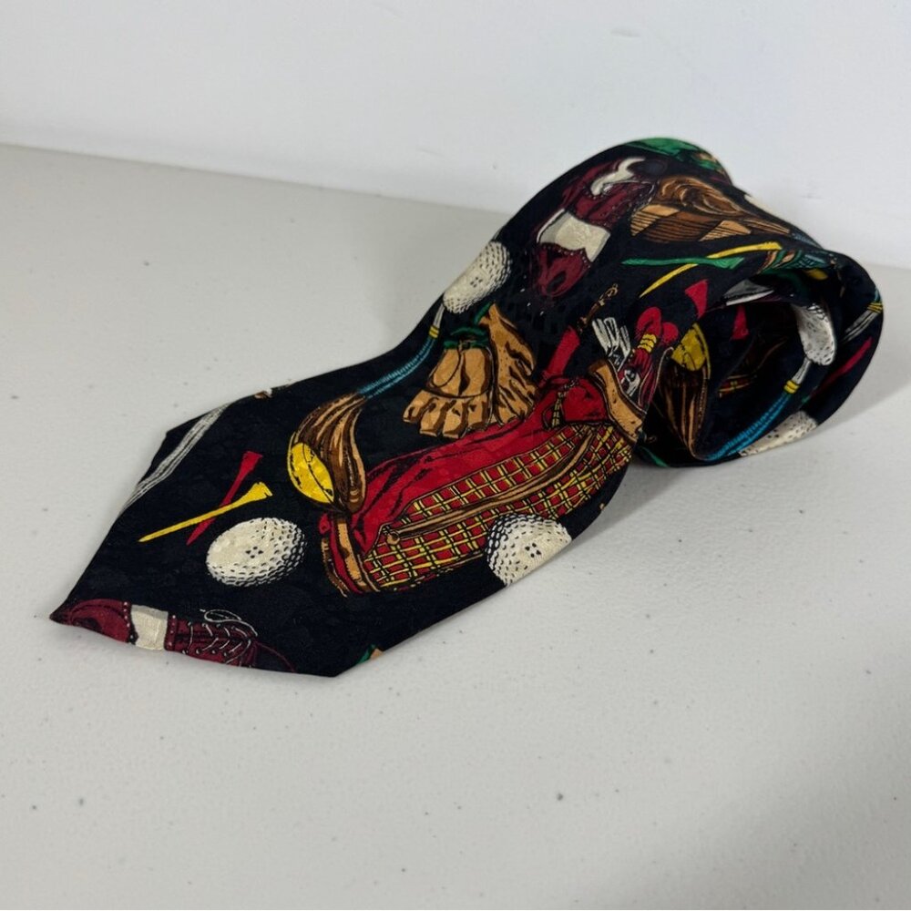 Vintage Golf Theme Silk Tie Black Novelty Golf Clubs Balls Summer Event Funky - Picture 2 of 14